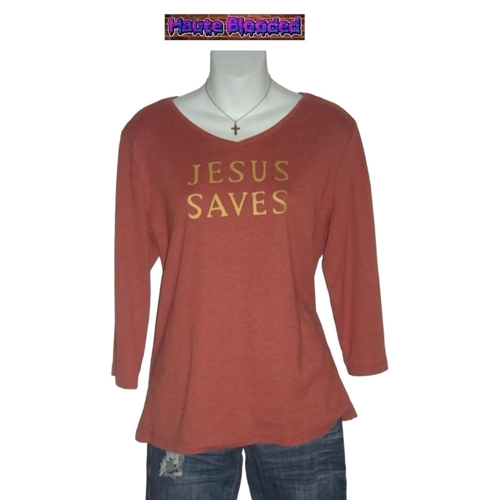 Christopher & Banks Burnt Orange Heathered Jesus Saves Top Christian Religious L